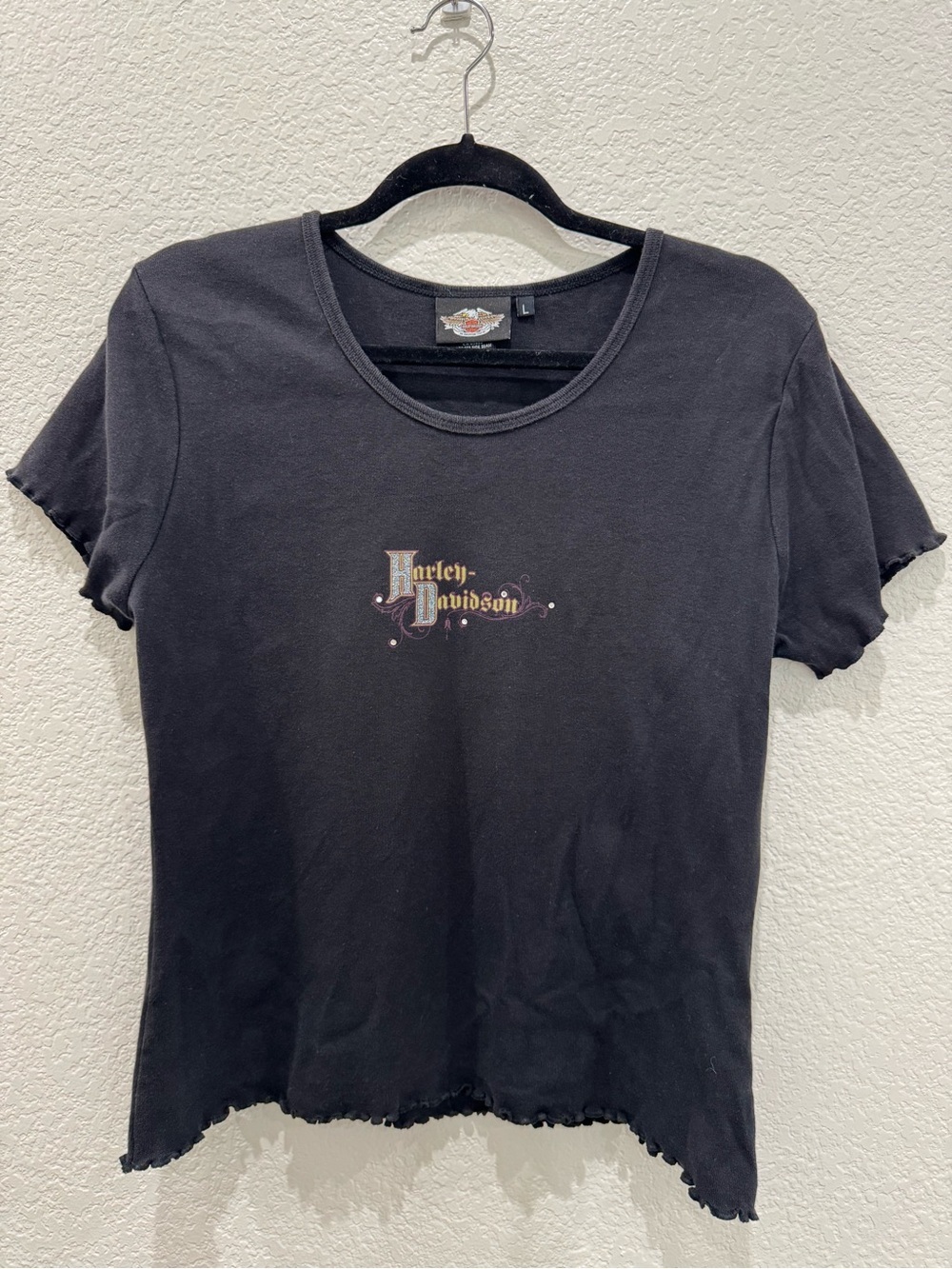 Harley-Davidson Women’s Black Graphic Baby Tee Y2K Cotton Motorcycle Top L